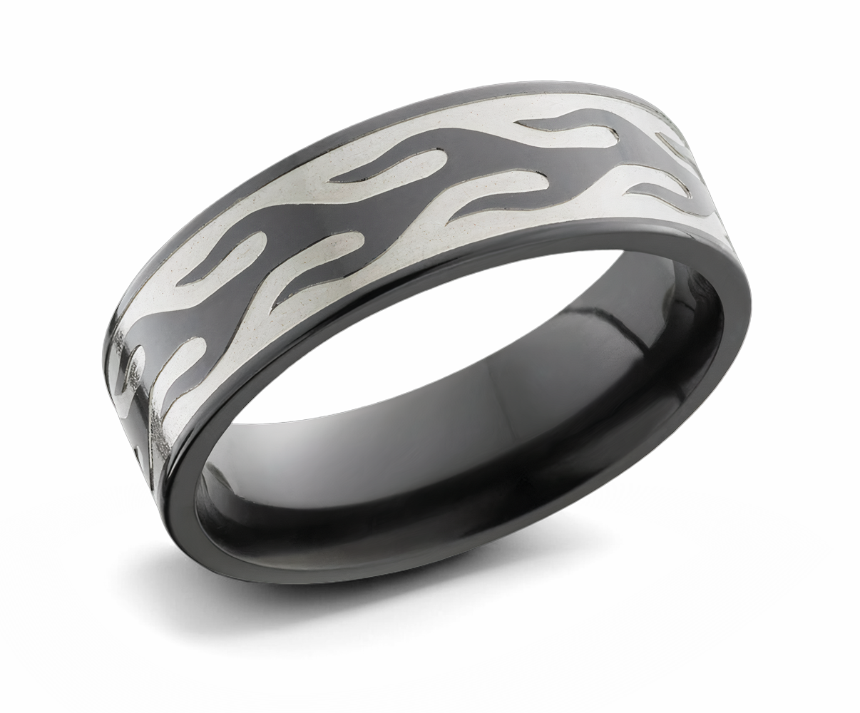Black Ring with Flame Pattern - 7mm 