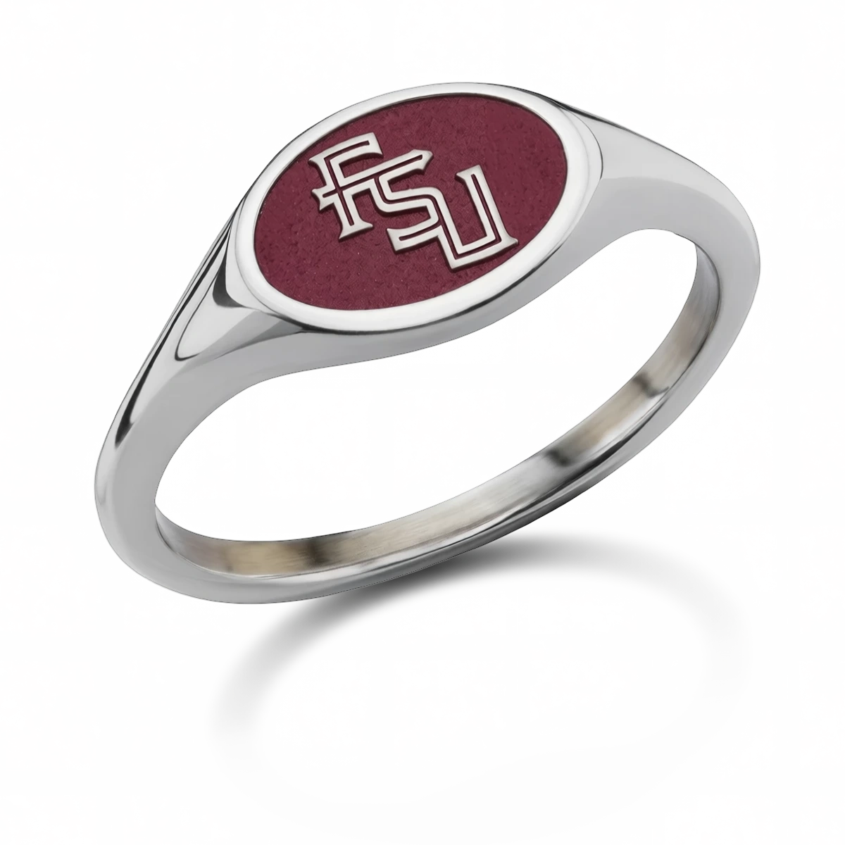 Florida State small oval signet ring in polished titanium with FSU letter logo