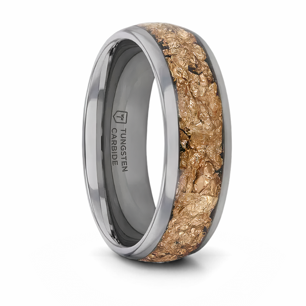Tungsten Ring with Gold Flakes Inlay 