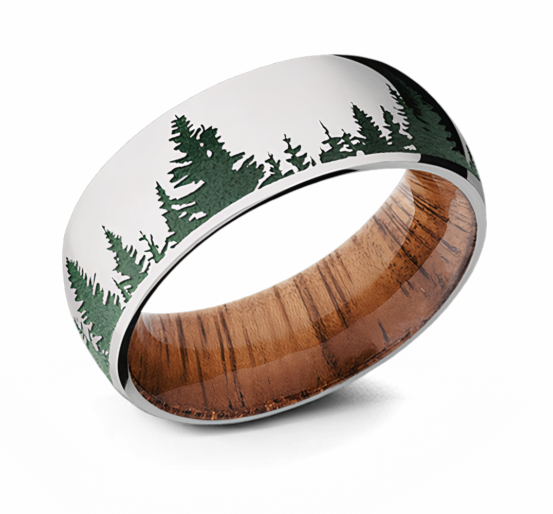 Green Tree Line Ring with Koa Wood Sleeve 