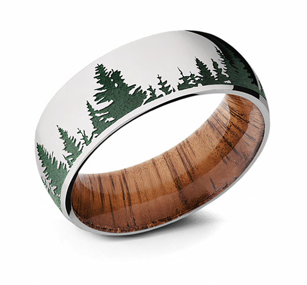 Green Tree Line Ring with Koa Wood Sleeve 