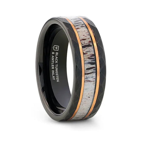 Black Tungsten Hammered Ring with Antler & Rose Gold Inlay