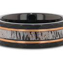 Black Tungsten Hammered Ring with Antler & Rose Gold Inlay 