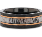 Black Tungsten Hammered Ring with Antler & Rose Gold Inlay 