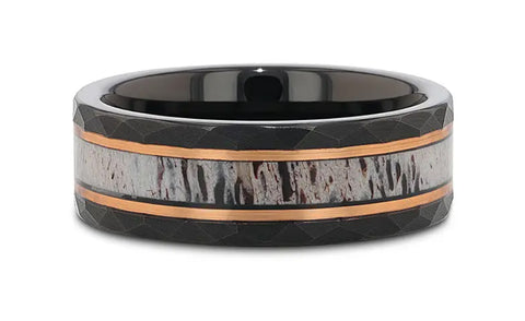 Black Tungsten Hammered Ring with Antler & Rose Gold Inlay