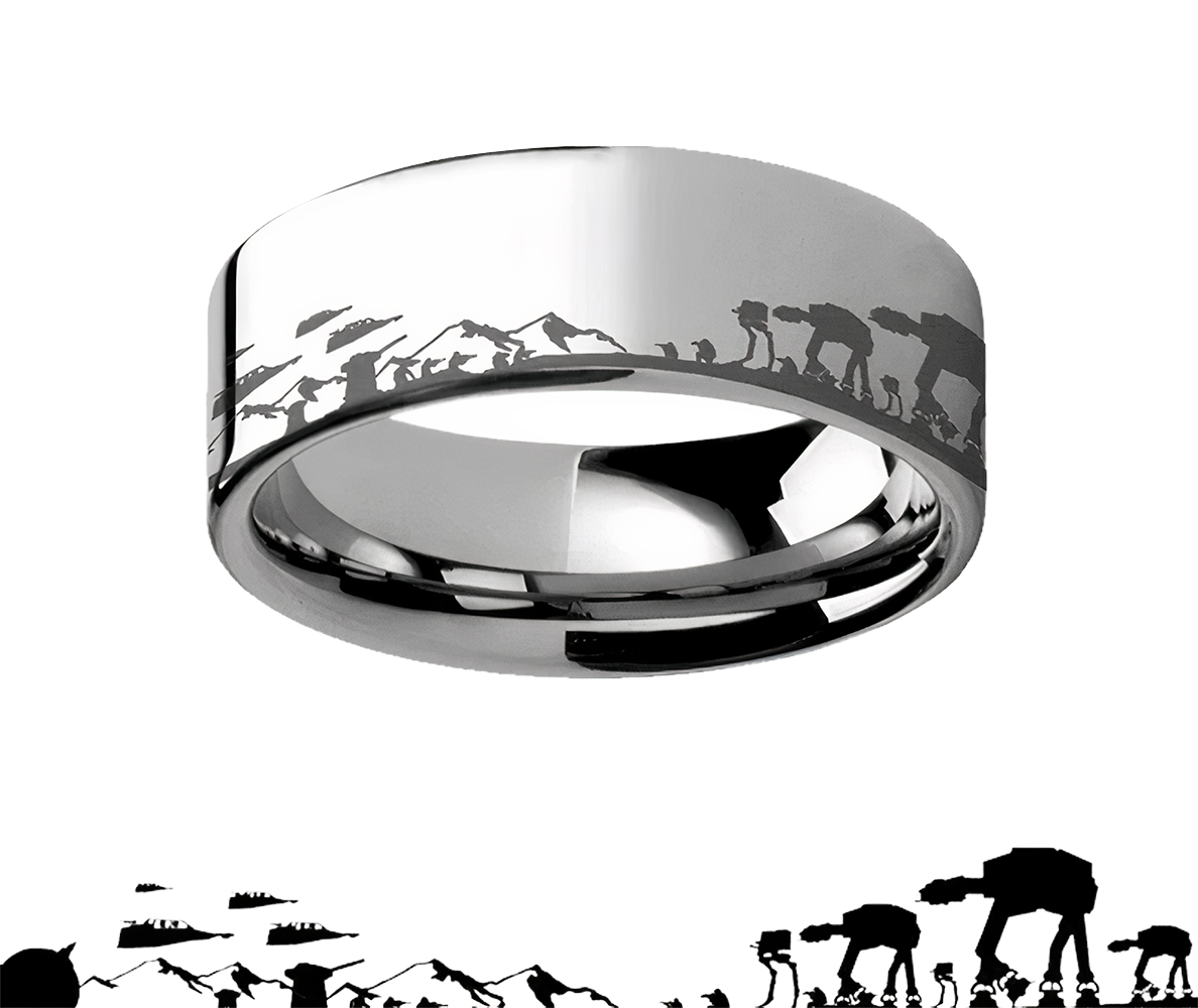 Hoth Battle Scene Star Wars Ring - Flat Titanium 