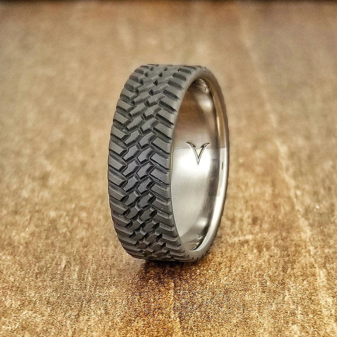 Custom Men's Tire Tread 8mm Stainless Steel Wedding Band With Comfort Fit Design
