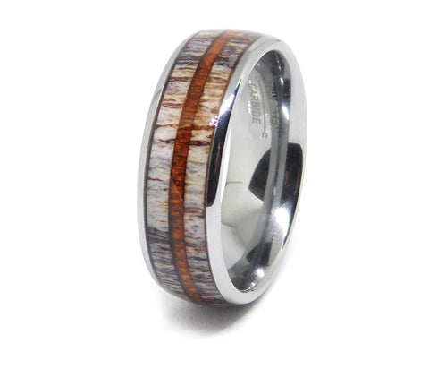 Tungsten Ring with Antler and Whiskey Barrel Strip - 8mm