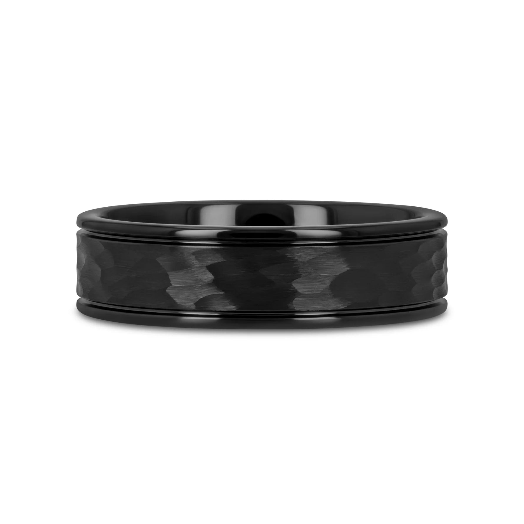 Hammered Finish Black Tungsten Ring with Grooved Edges - 6mm or 8mm