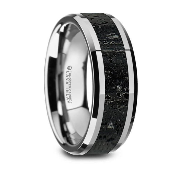 Tungsten Black & Gray Lava Rock Stone Inlay Ring - Camo Ever After