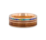 Koa Wood Abalone & Guitar String Ring - Smoked Rose Gold Tungsten 