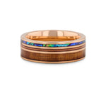 Koa Wood Abalone & Guitar String Ring - Smoked Rose Gold Tungsten 