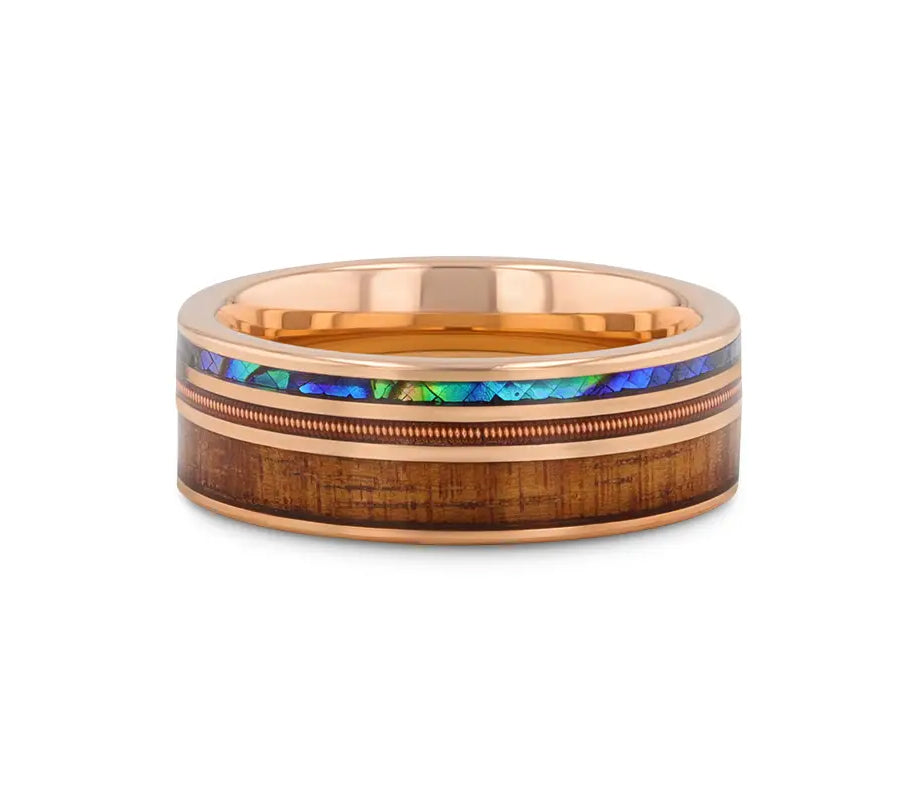 Koa Wood Abalone & Guitar String Ring - Smoked Rose Gold Tungsten 