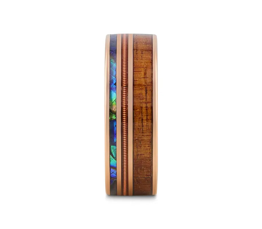 Koa Wood Abalone & Guitar String Ring - Smoked Rose Gold Tungsten - Camo Ever After