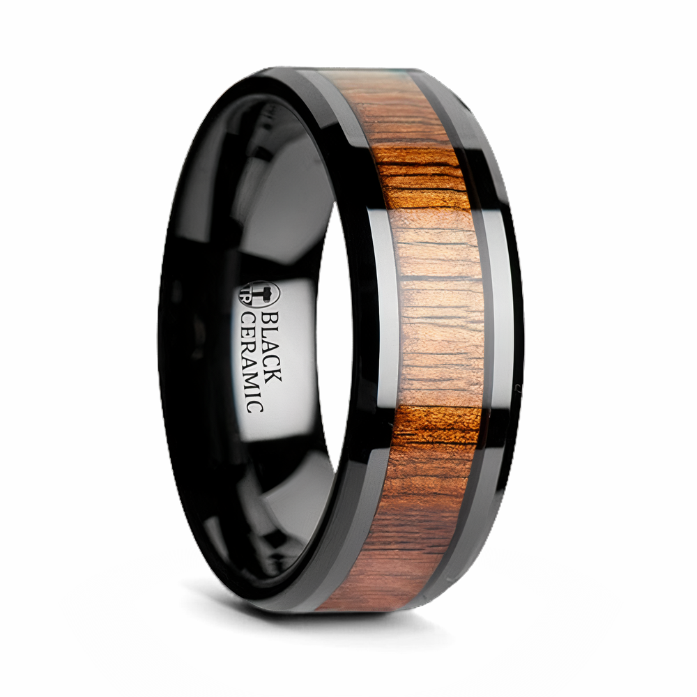 Koa Wood Inlay Ring in Beveled Black Ceramic 