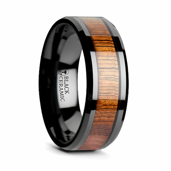 Koa Wood Inlay Ring in Beveled Black Ceramic 