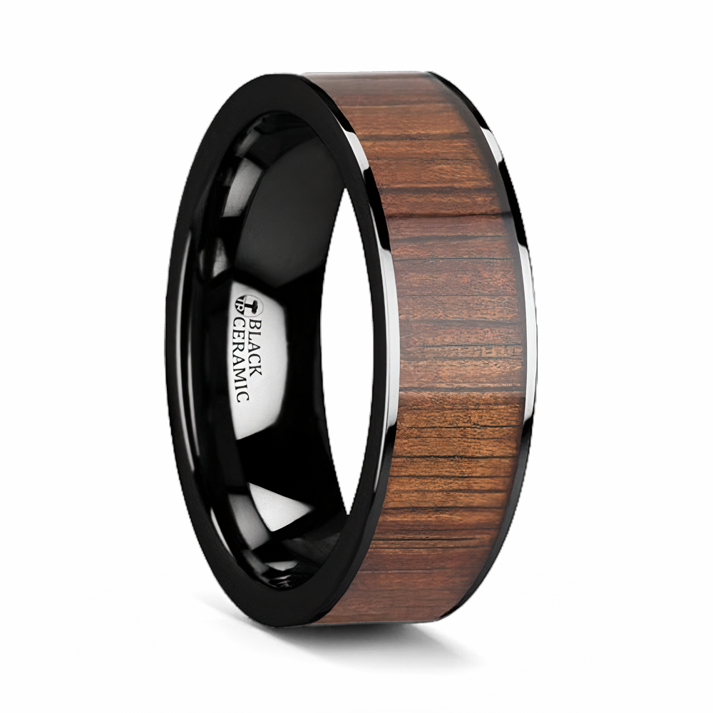 Koa Wood Inlay Ring in Flat Black Ceramic 