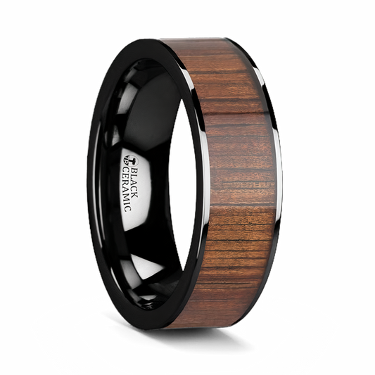 Koa Wood Inlay Ring in Flat Black Ceramic 
