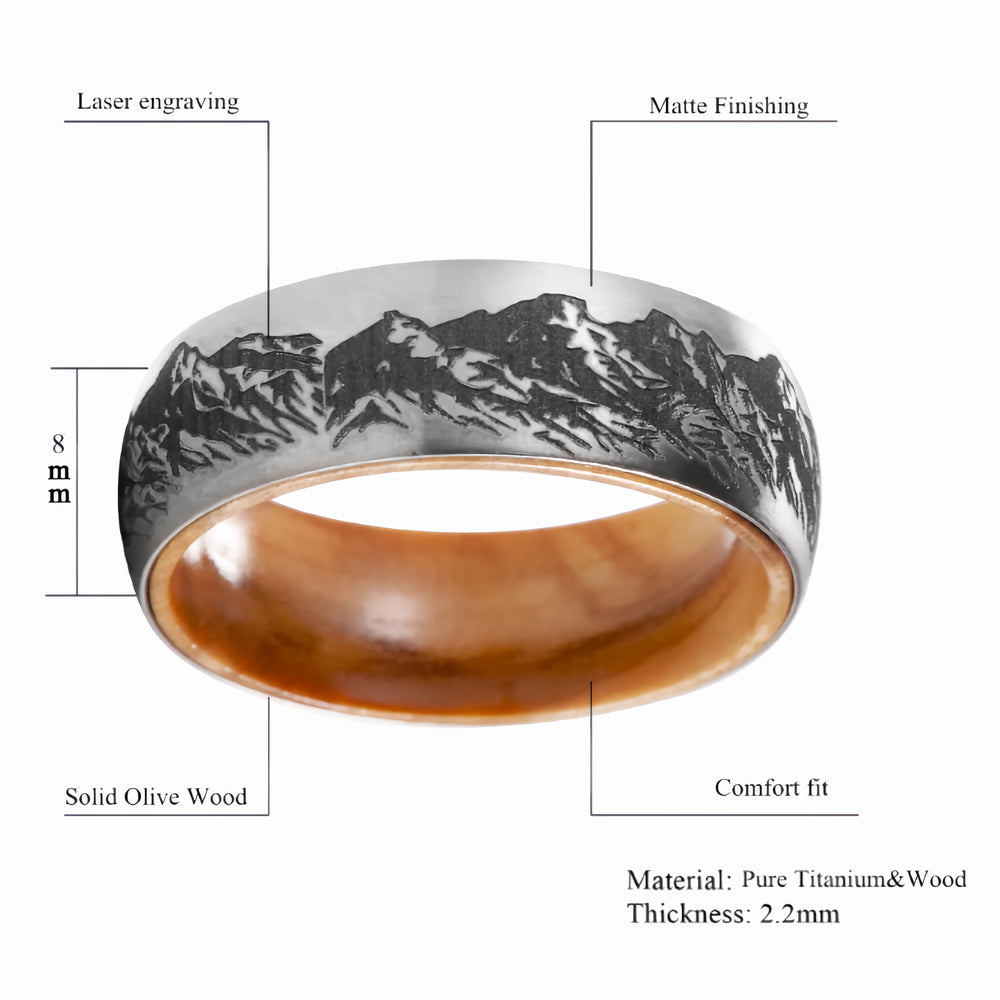 Mountain Range Ring - Laser Carved with Wood Sleeve