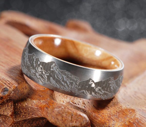 Mountain Range Ring - Laser Carved with Wood Sleeve - Camo Ever After