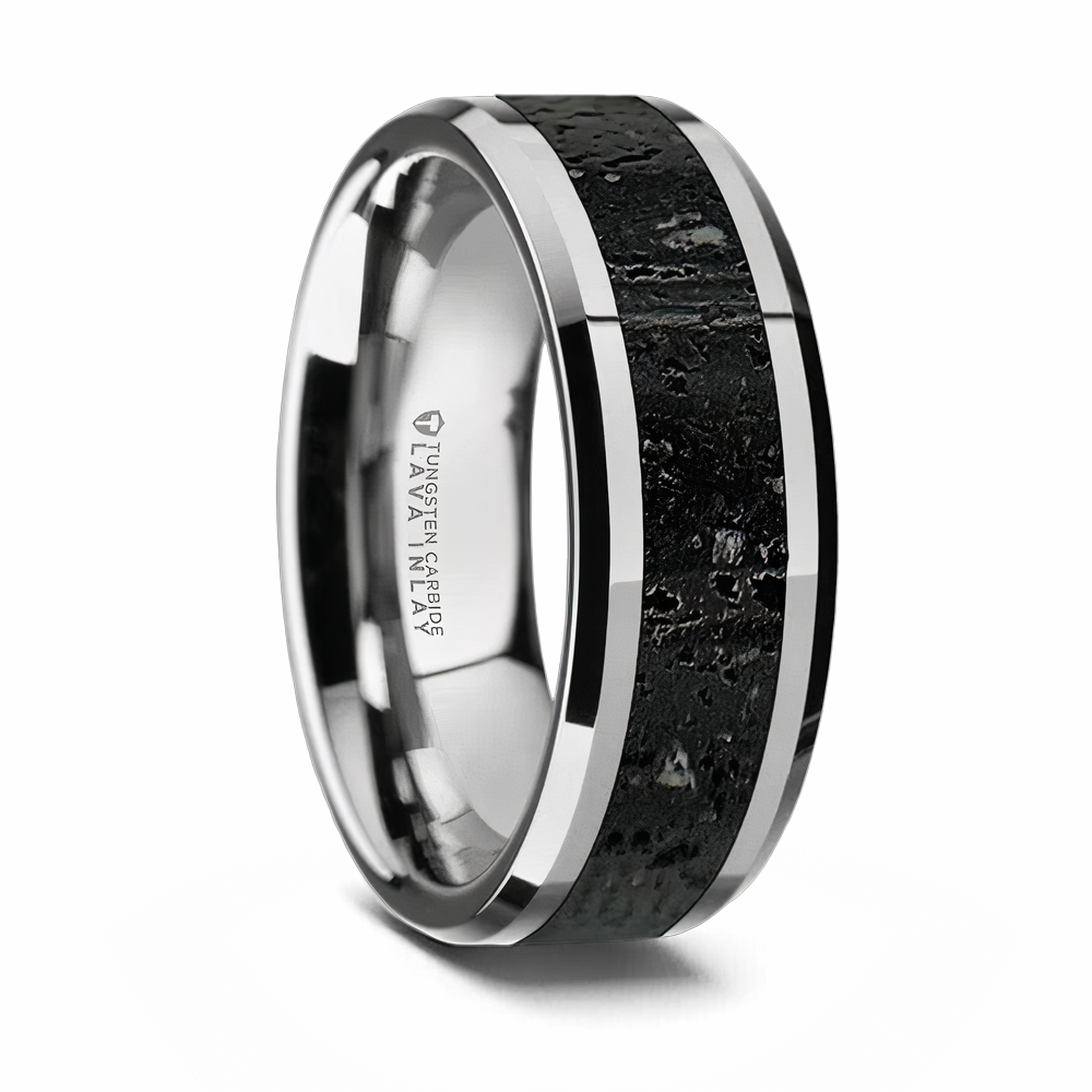 Tungsten Black & Gray Lava Rock Inlay Ring 