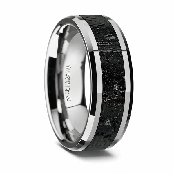 Tungsten Black & Gray Lava Rock Inlay Ring 