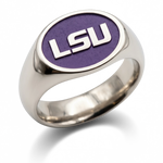 LSU signature oval signet ring in polished cobalt chrome with purple logo background and wide shank