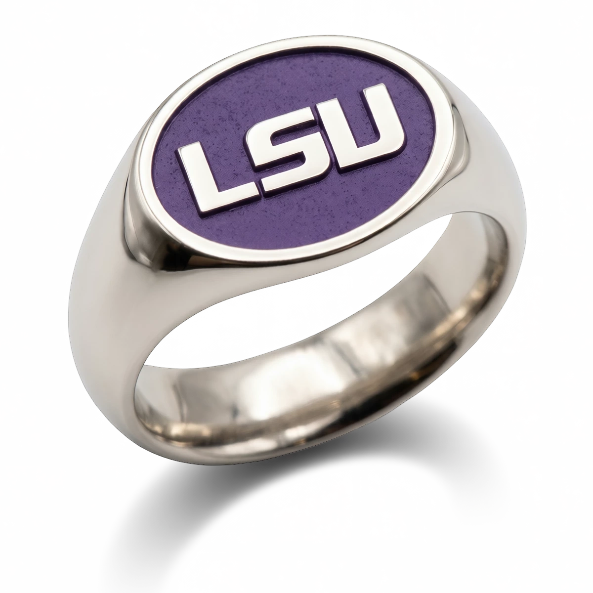 LSU signature oval signet ring in polished cobalt chrome with purple logo background and wide shank