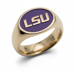 LSU signature oval signet ring in polished 14K yellow gold with purple LSU logo background