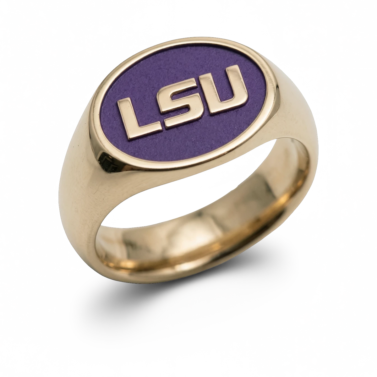 LSU signature oval signet ring in polished 14K yellow gold with purple LSU logo background