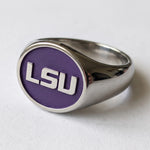 LSU signature oval signet ring in polished titanium with purple logo background and wide shank