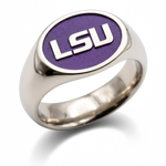 LSU signature oval signet ring in polished 14K white gold with purple LSU logo background
