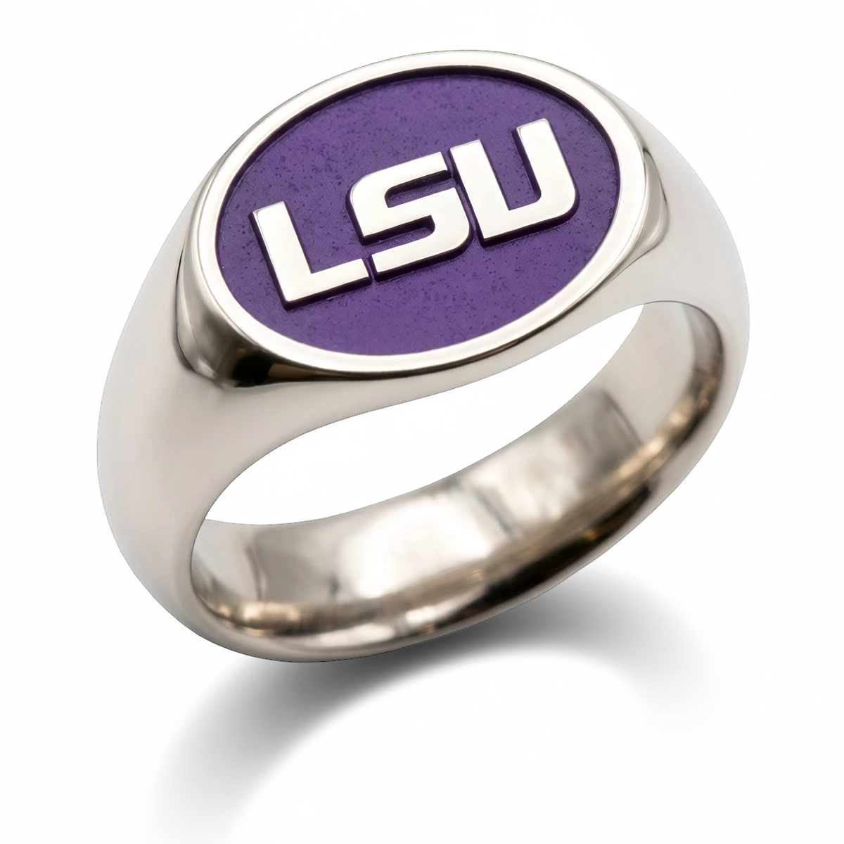 LSU signature oval signet ring in polished 14K white gold with purple LSU logo background