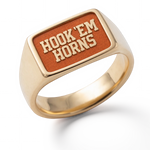 Texas Hook Em Horns rectangular signet ring in polished gold with raised lettering and burnt-orange background