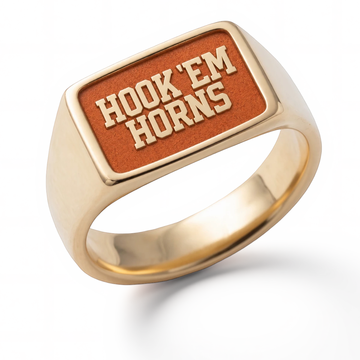 Texas Hook Em Horns rectangular signet ring in polished gold with raised lettering and burnt-orange background