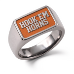 Texas Hook Em Horns rectangular signet ring in polished titanium with raised lettering and burnt-orange background