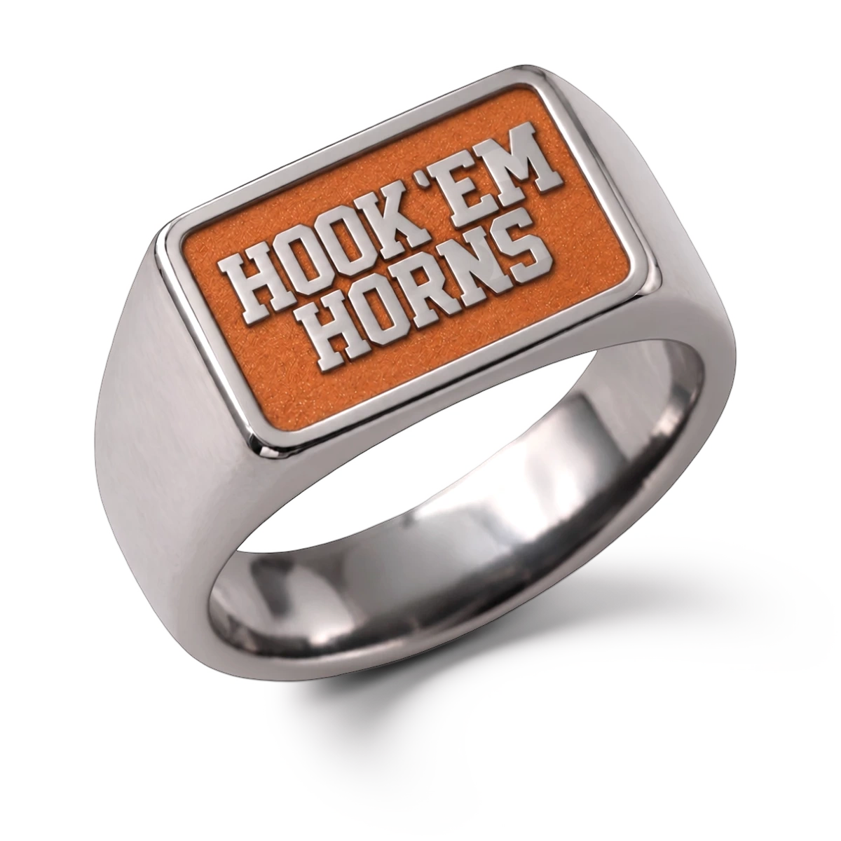 Texas Hook Em Horns rectangular signet ring in polished titanium with raised lettering and burnt-orange background