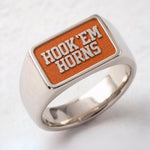 Texas Hook Em Horns rectangular signet ring in polished cobalt with raised lettering and burnt-orange background
