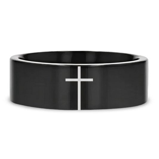 Minimalistic Cross Black Tungsten Ring 