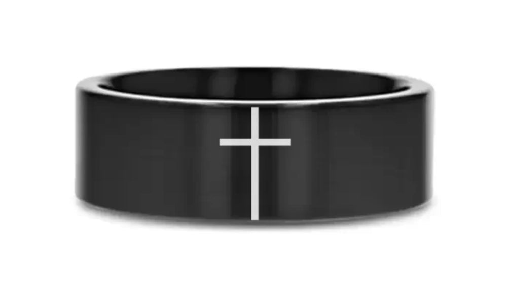 Minimalistic Cross Black Tungsten Ring - Camo Ever After