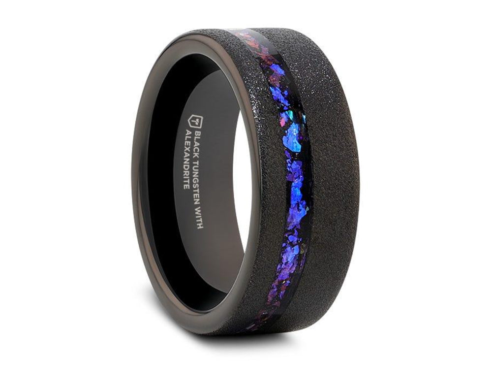 Crushed Alexandrite Sandblasted Black Tungsten Ring - Camo Ever After