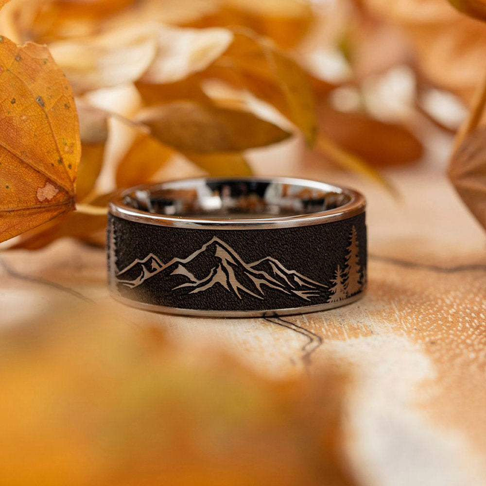 Mountain Scene Ring with Trees - 9mm Titanium