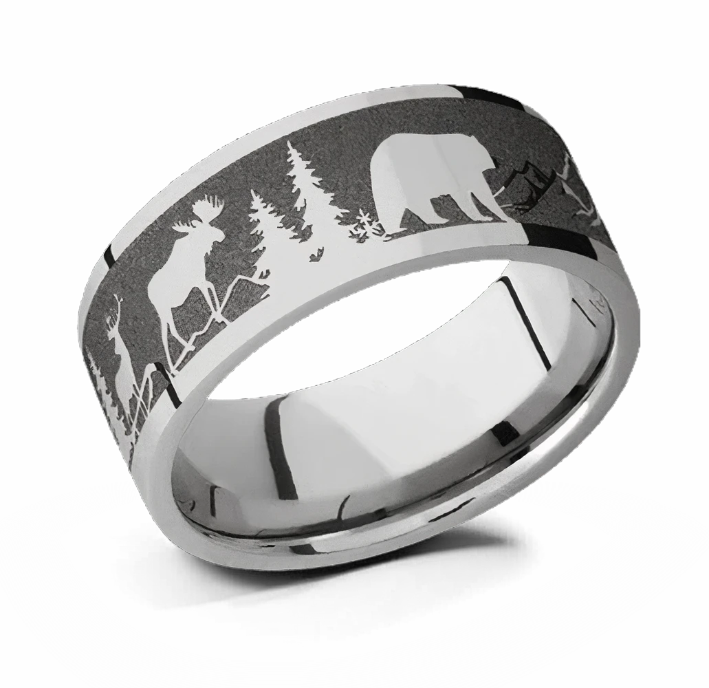 Ring with Laser Carved Bear Moose Deer and Mountains - 9mm 