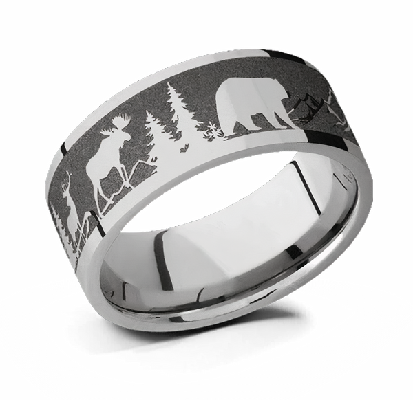 Ring with Laser Carved Bear Moose Deer and Mountains - 9mm 
