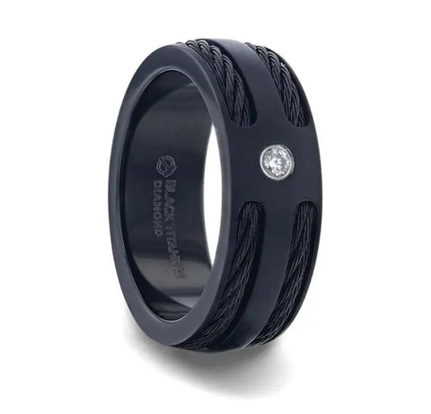 Black Rope Inlaid Black Titanium Ring with Diamond