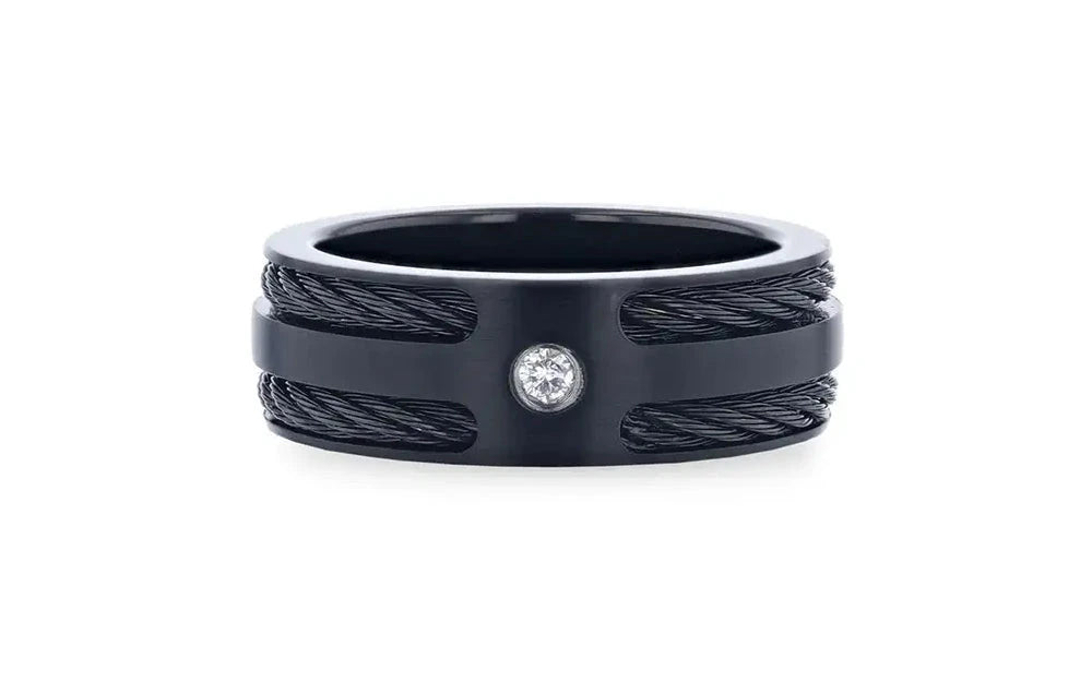 Black Rope Inlaid Black Titanium Ring with Diamond - Camo Ever After