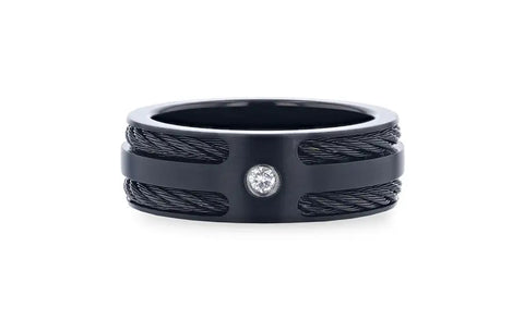 Black Rope Inlaid Black Titanium Ring with Diamond