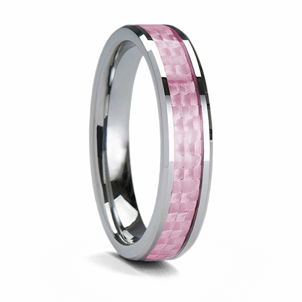 Pink Carbon Fiber Ring Beveled Tungsten 6mm 