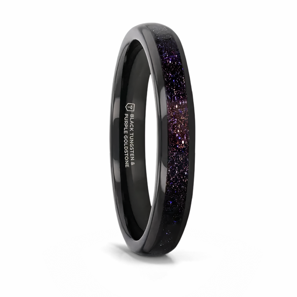 Black Tungsten Ring with Crushed Blue and Purple Goldstone 