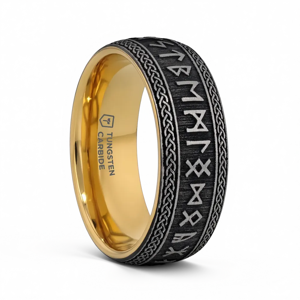 Tungsten Ring with Runes - Gold Plated Sleeve 